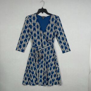 Mix 41Hawthorn Dress Women Small Blue Gold Baroque Adaline Faux Wrap Career Work